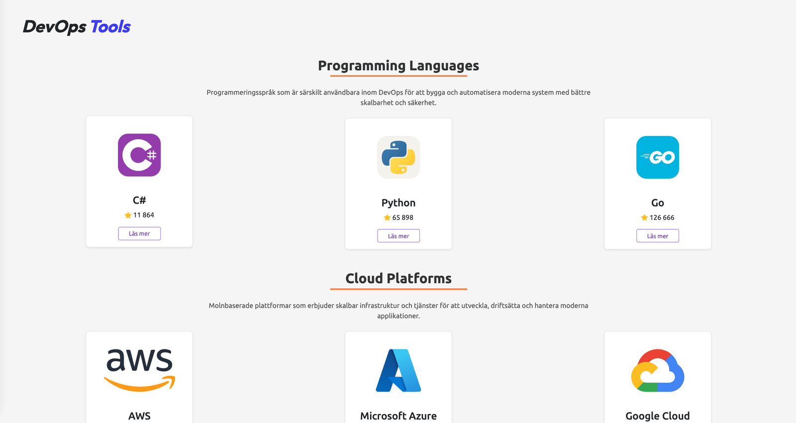 Startsidan med verktygen grupperade i kategorier — Programming Languages och Cloud Platforms